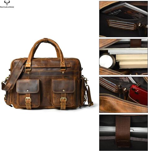 Tan Leather Laptop Bag for Men & Women – 15 Inch Full Grain Cowhide Briefcase with Cotton Poly Drill Lining, Brass Buckles, Brass Zipper, Leather Strap in Saudi Arabia