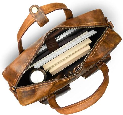 Tan Leather Laptop Bag for Men & Women – 15 Inch Full Grain Cowhide Briefcase with Cotton Poly Drill Lining, Brass Buckles, Brass Zipper, Leather Strap in Saudi Arabia