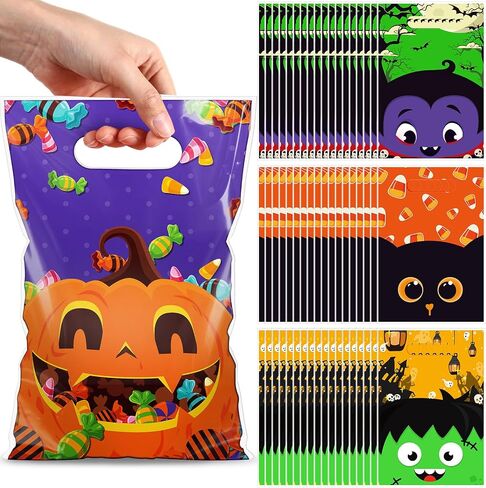 Pasimy 100 PCS Halloween Treat Acags Bulk Halloween Plastic Gift Facs with Handles Candy Bag Barty Goodie Bag for Party Decorations Forevors Favors in Saudi Arabia