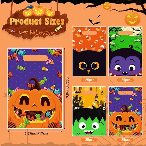 Pasimy 100 PCS Halloween Treat Acags Bulk Halloween Plastic Gift Facs with Handles Candy Bag Barty Goodie Bag for Party Decorations Forevors Favors in Saudi Arabia
