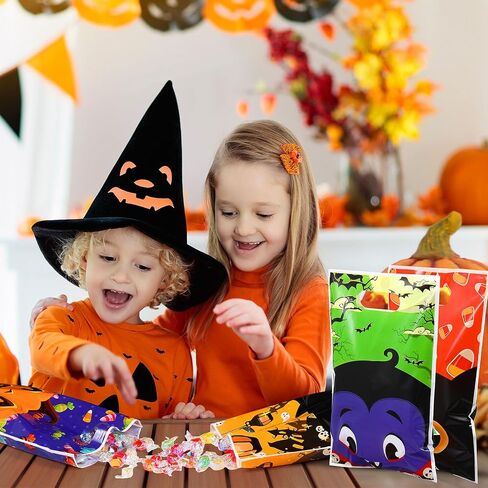 Pasimy 100 PCS Halloween Treat Acags Bulk Halloween Plastic Gift Facs with Handles Candy Bag Barty Goodie Bag for Party Decorations Forevors Favors in Saudi Arabia