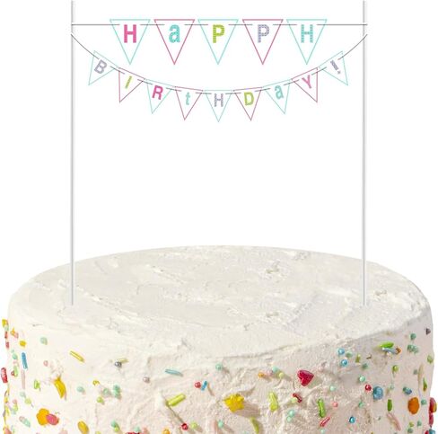 Happy Birthday Cake Topper – Macaron Color Double-Layer Mini Banner for Birthday Cake Decorations, Pre-Strung Party Cake Bunting Topper for Kids and Adults in Saudi Arabia