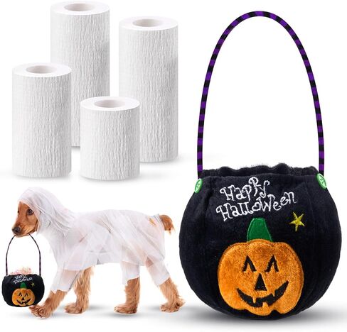 Amylove 5 Pcs Halloween Mummy Dog Costume Set Include 4 Mummy Bandage Wrap and 1 Pumpkin Candy Bag Halloween Pet Cosplay Costume Adhesive Stretch Gauze Bandage with Trick or Treat Bucket for Pets in Saudi Arabia