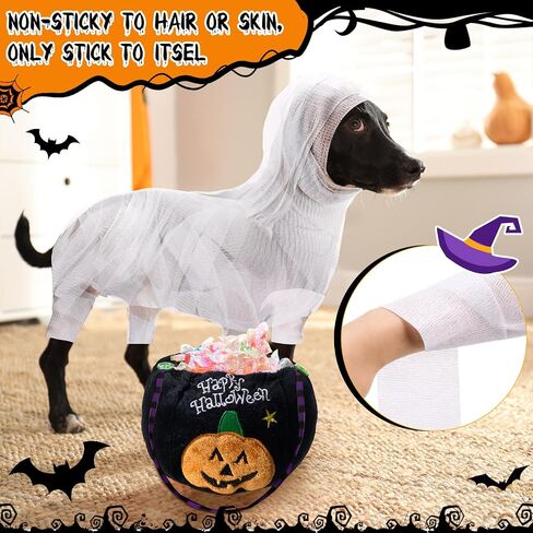 Amylove 5 Pcs Halloween Mummy Dog Costume Set Include 4 Mummy Bandage Wrap and 1 Pumpkin Candy Bag Halloween Pet Cosplay Costume Adhesive Stretch Gauze Bandage with Trick or Treat Bucket for Pets in Saudi Arabia