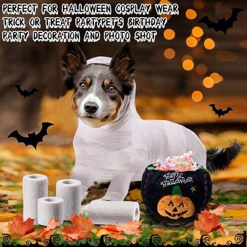 Amylove 5 Pcs Halloween Mummy Dog Costume Set Include 4 Mummy Bandage Wrap and 1 Pumpkin Candy Bag Halloween Pet Cosplay Costume Adhesive Stretch Gauze Bandage with Trick or Treat Bucket for Pets in Saudi Arabia