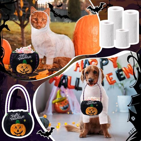 Amylove 5 Pcs Halloween Mummy Dog Costume Set Include 4 Mummy Bandage Wrap and 1 Pumpkin Candy Bag Halloween Pet Cosplay Costume Adhesive Stretch Gauze Bandage with Trick or Treat Bucket for Pets in Saudi Arabia
