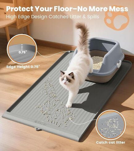 Cat Litter Mat 36x24 Inch, Silicone Litter Box Mat with Raised Edge and Diversion Groove, Waterproof Litter Trapping Mat, Easy to Clean Cat Mat for Litter Box, Grey in Saudi Arabia