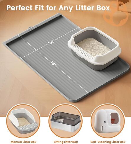Cat Litter Mat 36x24 Inch, Silicone Litter Box Mat with Raised Edge and Diversion Groove, Waterproof Litter Trapping Mat, Easy to Clean Cat Mat for Litter Box, Grey in Saudi Arabia