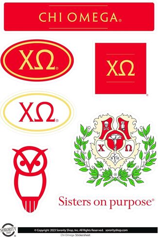 Chi Omega Sticker Sheet - Brand Focus Vinyl Sorority Stickers with Officially Licensed Designs, Removable Adhesive, 7 Stickers per Sheet, by Sorority Shop in Saudi Arabia