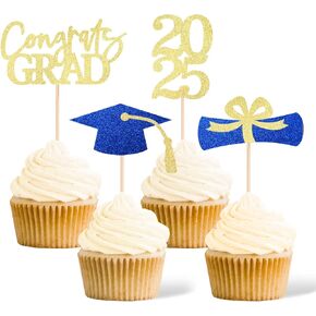 Class of 2025 Graduation Decoration Party Cupcake Toppers, Double-sided Grad Cap Cake Toppers for Graduation Party Supplies 2025 Graduate Party Graduation Decorations(24 pcs, Gold & Black) in Kuwait