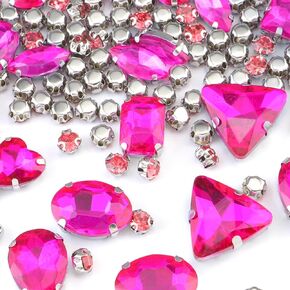 Sew On Rhinestones, OEMOO 130PCS Sew On Glass Rhinestone Metal Back Prong Setting Sewing Sliver Claw Rhinestone Mixed Shapes for Costume, Clothes, Earring, Belt and Shoes (Pink) in Kuwait