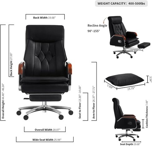 Kinnls Cameron Massage Chair Genuine Leather Executive Office Chair for Long Hours Ergonomic Home Chair Fully Reclining with Pillow,Retractable Footrest and Adjustable Headrest (Cowhide Leather-Black) in Saudi Arabia