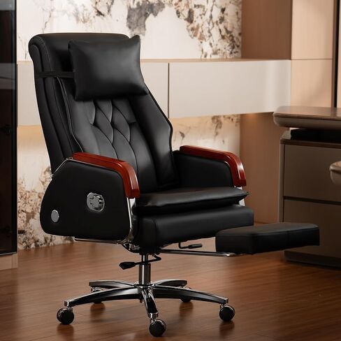 Kinnls Cameron Massage Chair Genuine Leather Executive Office Chair for Long Hours Ergonomic Home Chair Fully Reclining with Pillow,Retractable Footrest and Adjustable Headrest (Cowhide Leather-Black) in Saudi Arabia