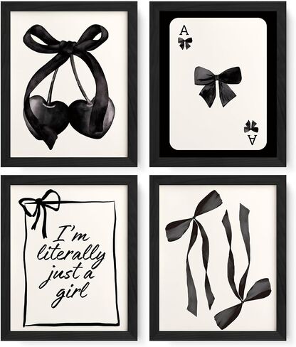 JXREQ Coquette Trendy Black Bow Wall Art Decor, Black Cherry Bow Posters Wall Art Prints Set of 4, Coquette Preppy Room Decor for Teen Girl College Dorm, 8x10 Inch Unframed in Saudi Arabia