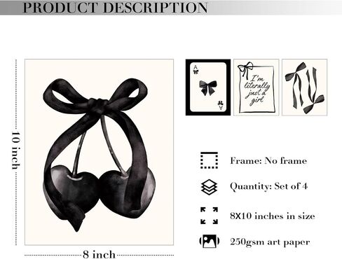 JXREQ Coquette Trendy Black Bow Wall Art Decor, Black Cherry Bow Posters Wall Art Prints Set of 4, Coquette Preppy Room Decor for Teen Girl College Dorm, 8x10 Inch Unframed in Saudi Arabia