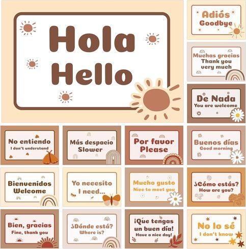 WATINC Spanish Words Phrases Poster - 16pcs Spanish Posters Set Classroom Decorations, Preschool Bilingual Study Learning Materials Teacher Supplies, Educational Language Bulletin Board (Rainbow) in Saudi Arabia