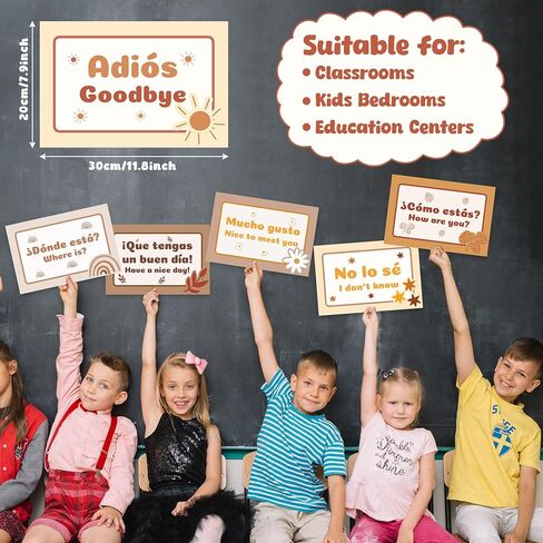 WATINC Spanish Words Phrases Poster - 16pcs Spanish Posters Set Classroom Decorations, Preschool Bilingual Study Learning Materials Teacher Supplies, Educational Language Bulletin Board (Rainbow) in Saudi Arabia