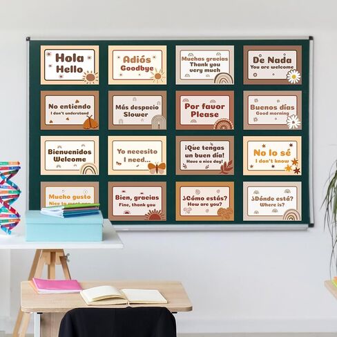 WATINC Spanish Words Phrases Poster - 16pcs Spanish Posters Set Classroom Decorations, Preschool Bilingual Study Learning Materials Teacher Supplies, Educational Language Bulletin Board (Rainbow) in Saudi Arabia