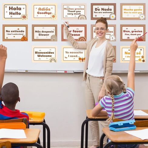 WATINC Spanish Words Phrases Poster - 16pcs Spanish Posters Set Classroom Decorations, Preschool Bilingual Study Learning Materials Teacher Supplies, Educational Language Bulletin Board (Rainbow) in Saudi Arabia