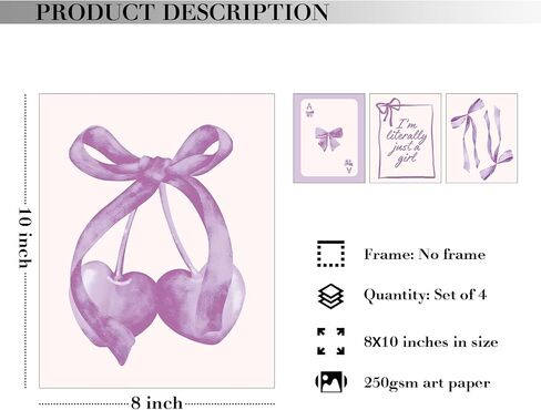 JXREQ Coquette Trendy Black Bow Wall Art Decor, Black Cherry Bow Posters Wall Art Prints Set of 4, Coquette Preppy Room Decor for Teen Girl College Dorm, 8x10 Inch Unframed in Saudi Arabia