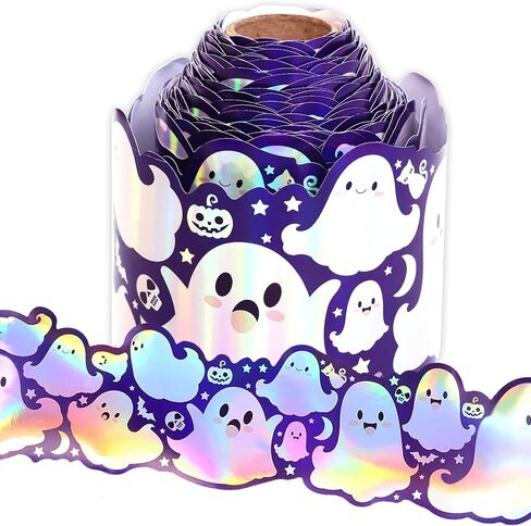 Fancy Land Halloween Ghost Bulletin Board Border 65.6 Feet Spooky Holographic Ghost Die Cut Border Trim Roll for Laser Classroom Decoration Chalkboard Office Door Windows Party Supplies in Saudi Arabia
