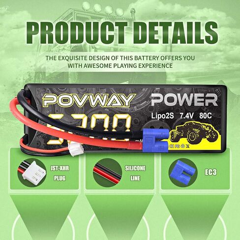 2S Lipo Battery 5200mAh 7.4V 80C Hard Case Battery with EC3 Plug Compatible with 1/8 1/10 RC Vehicles Car Slash RC Buggy Truggy RC Airplane UAV Drone - 2 Pack in Kuwait