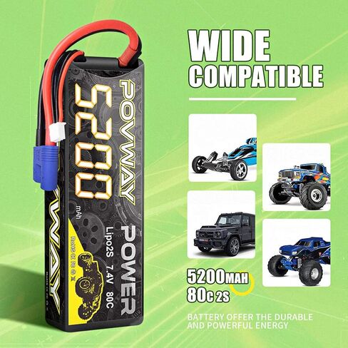 2S Lipo Battery 5200mAh 7.4V 80C Hard Case Battery with EC3 Plug Compatible with 1/8 1/10 RC Vehicles Car Slash RC Buggy Truggy RC Airplane UAV Drone - 2 Pack in Kuwait