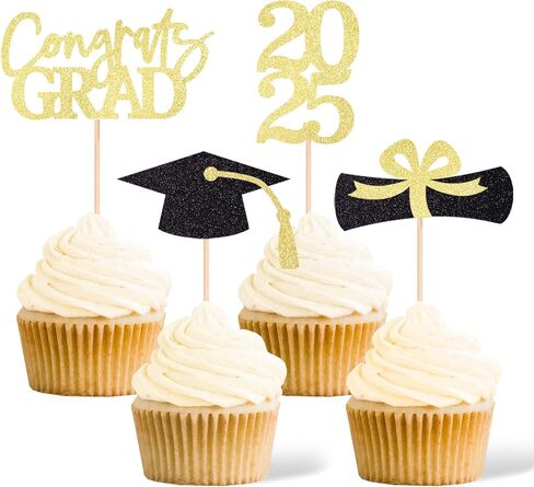 Class of 2025 Graduation Decoration Party Cupcake Toppers, Double-sided Grad Cap Cake Toppers for Graduation Party Supplies 2025 Graduate Party Graduation Decorations(24 pcs, Gold & Black) in Kuwait