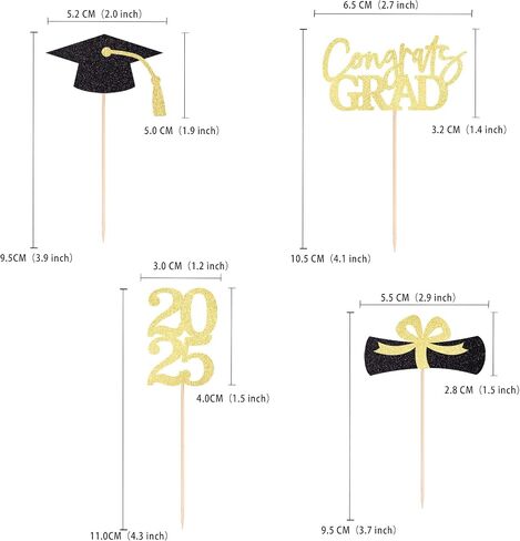 Class of 2025 Graduation Decoration Party Cupcake Toppers, Double-sided Grad Cap Cake Toppers for Graduation Party Supplies 2025 Graduate Party Graduation Decorations(24 pcs, Gold & Black) in Kuwait