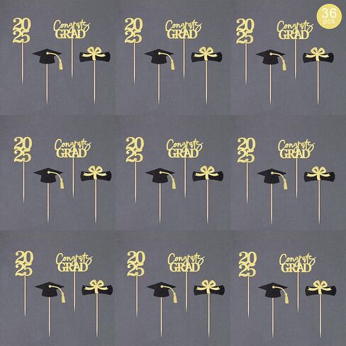 Class of 2025 Graduation Decoration Party Cupcake Toppers, Double-sided Grad Cap Cake Toppers for Graduation Party Supplies 2025 Graduate Party Graduation Decorations(24 pcs, Gold & Black) in Kuwait