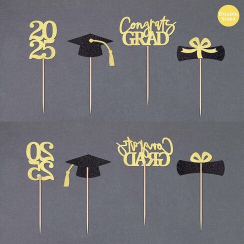 Class of 2025 Graduation Decoration Party Cupcake Toppers, Double-sided Grad Cap Cake Toppers for Graduation Party Supplies 2025 Graduate Party Graduation Decorations(24 pcs, Gold & Black) in Kuwait