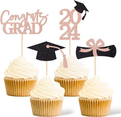 Class of 2025 Graduation Decoration Party Cupcake Toppers, Double-sided Grad Cap Cake Toppers for Graduation Party Supplies 2025 Graduate Party Graduation Decorations(24 pcs, Gold & Black) in Kuwait