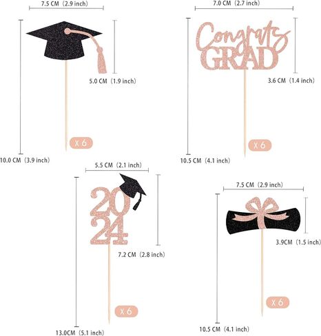 Class of 2025 Graduation Decoration Party Cupcake Toppers, Double-sided Grad Cap Cake Toppers for Graduation Party Supplies 2025 Graduate Party Graduation Decorations(24 pcs, Gold & Black) in Kuwait