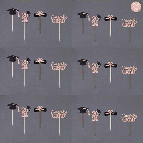 Class of 2025 Graduation Decoration Party Cupcake Toppers, Double-sided Grad Cap Cake Toppers for Graduation Party Supplies 2025 Graduate Party Graduation Decorations(24 pcs, Gold & Black) in Kuwait
