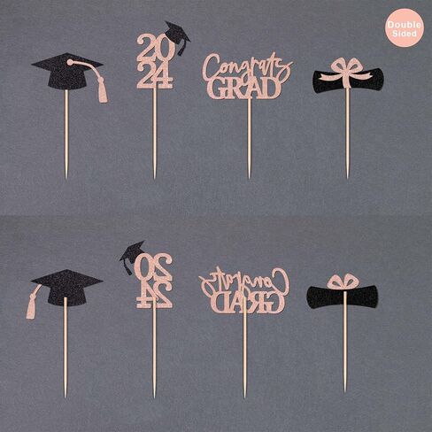 Class of 2025 Graduation Decoration Party Cupcake Toppers, Double-sided Grad Cap Cake Toppers for Graduation Party Supplies 2025 Graduate Party Graduation Decorations(24 pcs, Gold & Black) in Kuwait