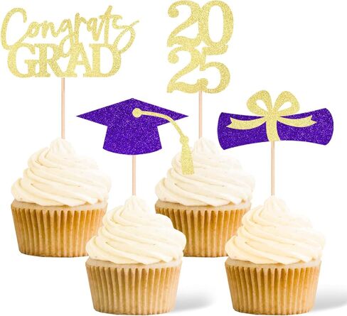 Class of 2025 Graduation Decoration Party Cupcake Toppers, Double-sided Grad Cap Cake Toppers for Graduation Party Supplies 2025 Graduate Party Graduation Decorations(24 pcs, Gold & Black) in Kuwait