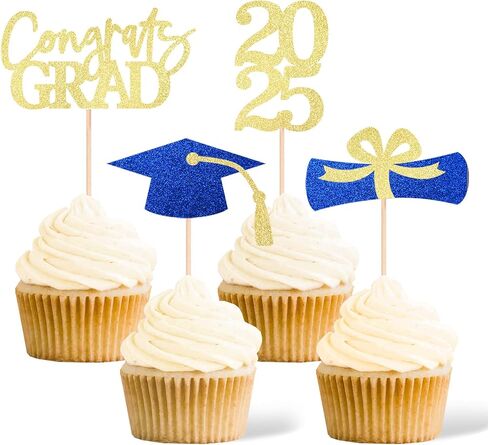 Class of 2025 Graduation Decoration Party Cupcake Toppers, Double-sided Grad Cap Cake Toppers for Graduation Party Supplies 2025 Graduate Party Graduation Decorations(24 pcs, Gold & Black) in Kuwait
