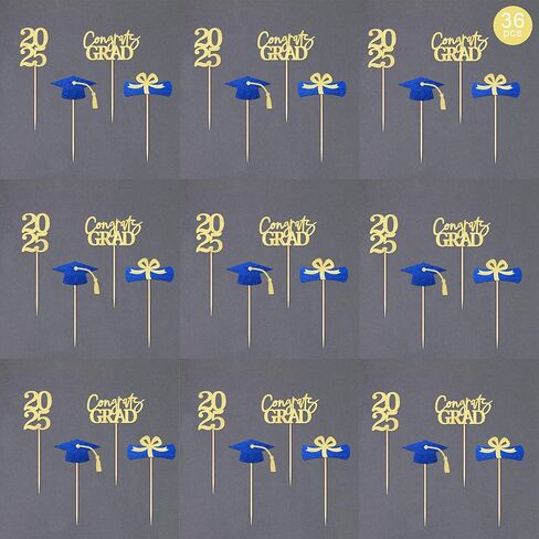 Class of 2025 Graduation Decoration Party Cupcake Toppers, Double-sided Grad Cap Cake Toppers for Graduation Party Supplies 2025 Graduate Party Graduation Decorations(24 pcs, Gold & Black) in Kuwait