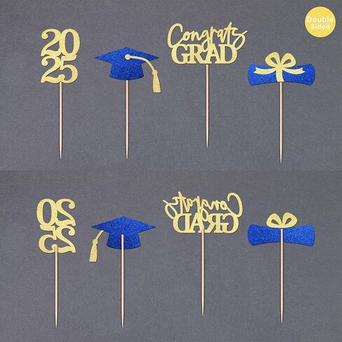 Class of 2025 Graduation Decoration Party Cupcake Toppers, Double-sided Grad Cap Cake Toppers for Graduation Party Supplies 2025 Graduate Party Graduation Decorations(24 pcs, Gold & Black) in Kuwait