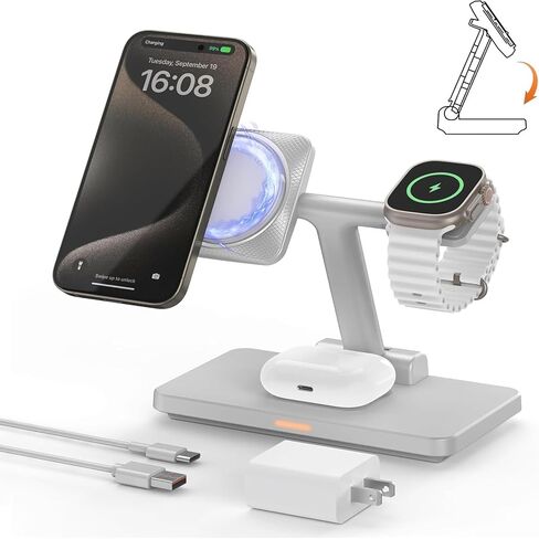 MagSafe 3 in 1 Wireless Charging Station: JoyGeek Portable Foldable Stand for iPhone 17 16 15 14 13 Pro Max Plus, Apple Watch, AirPods Pro (White) in Saudi Arabia