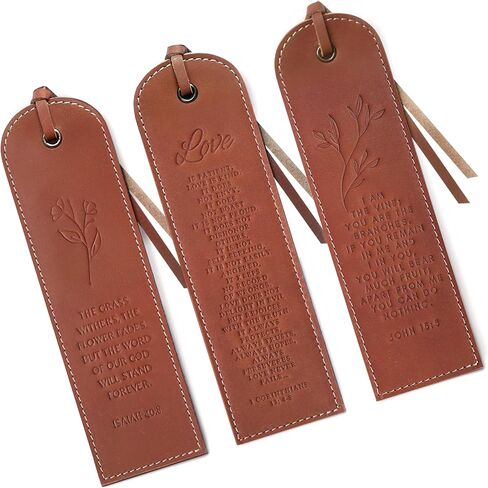 Hunter & Scribe Leather Christian Bookmarks for Men and Women – Set of 3 Handmade Top-Grain Leather Bible Bookmarks with Embossed Scripture - Vine (Jhn 15:5), Flower (Isa 40:8), Love (1 Cor 13:4-8) in Kuwait