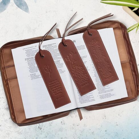 Hunter & Scribe Leather Christian Bookmarks for Men and Women – Set of 3 Handmade Top-Grain Leather Bible Bookmarks with Embossed Scripture - Vine (Jhn 15:5), Flower (Isa 40:8), Love (1 Cor 13:4-8) in Kuwait