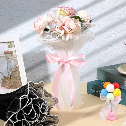 2 Pcs 4 Yards Mesh Wrinkled Bouquet Wrapping Paper, Pearl Edge Flower Packaging Paper, Floral Wrapping with Black and White Wavy Net Yarn for Florist, Wedding Gift Packaging in Saudi Arabia