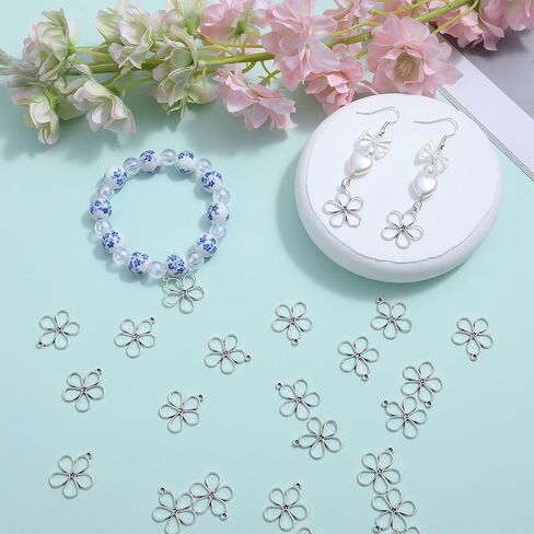 60 PCS Open Open Bezel Hollow Flower Charms Open Back Bezel Charms Silver Flower Charm for Jewelry Making Jewelry Connectors alloy intage mini mini flossom frame for women diy craft in Saudi Arabia
