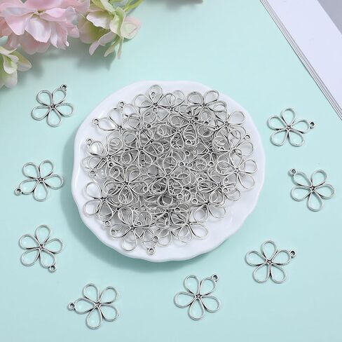 60 PCS Open Open Bezel Hollow Flower Charms Open Back Bezel Charms Silver Flower Charm for Jewelry Making Jewelry Connectors alloy intage mini mini flossom frame for women diy craft in Saudi Arabia