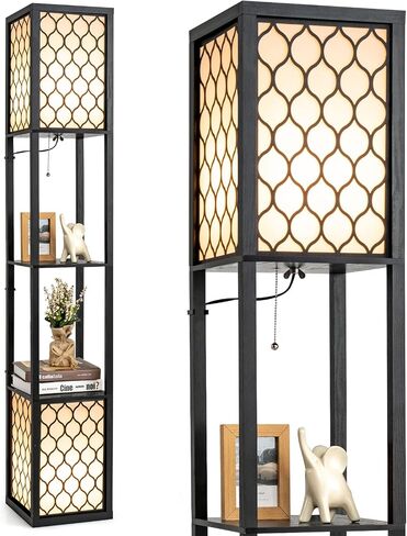 Tangkula Modern Shelf Floor Lamp ، مصباح مزدوج قائم بذاته مع رف الخشب و 2 فست in Saudi Arabia