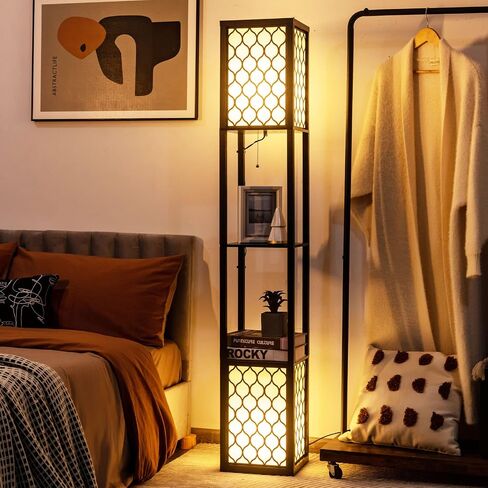 Tangkula Modern Shelf Floor Lamp ، مصباح مزدوج قائم بذاته مع رف الخشب و 2 فست in Saudi Arabia