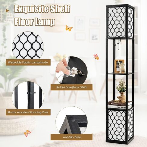 Tangkula Modern Shelf Floor Lamp ، مصباح مزدوج قائم بذاته مع رف الخشب و 2 فست in Saudi Arabia