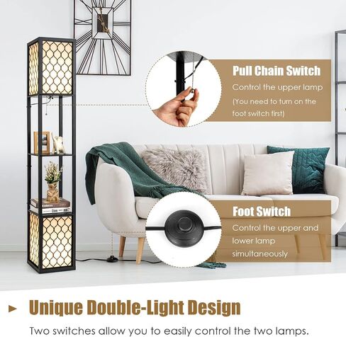 Tangkula Modern Shelf Floor Lamp ، مصباح مزدوج قائم بذاته مع رف الخشب و 2 فست in Saudi Arabia