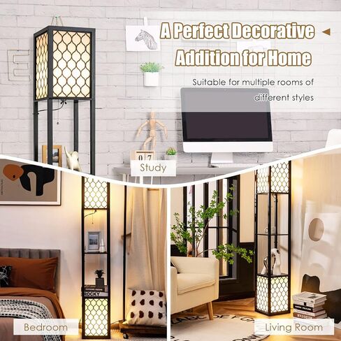 Tangkula Modern Shelf Floor Lamp ، مصباح مزدوج قائم بذاته مع رف الخشب و 2 فست in Saudi Arabia
